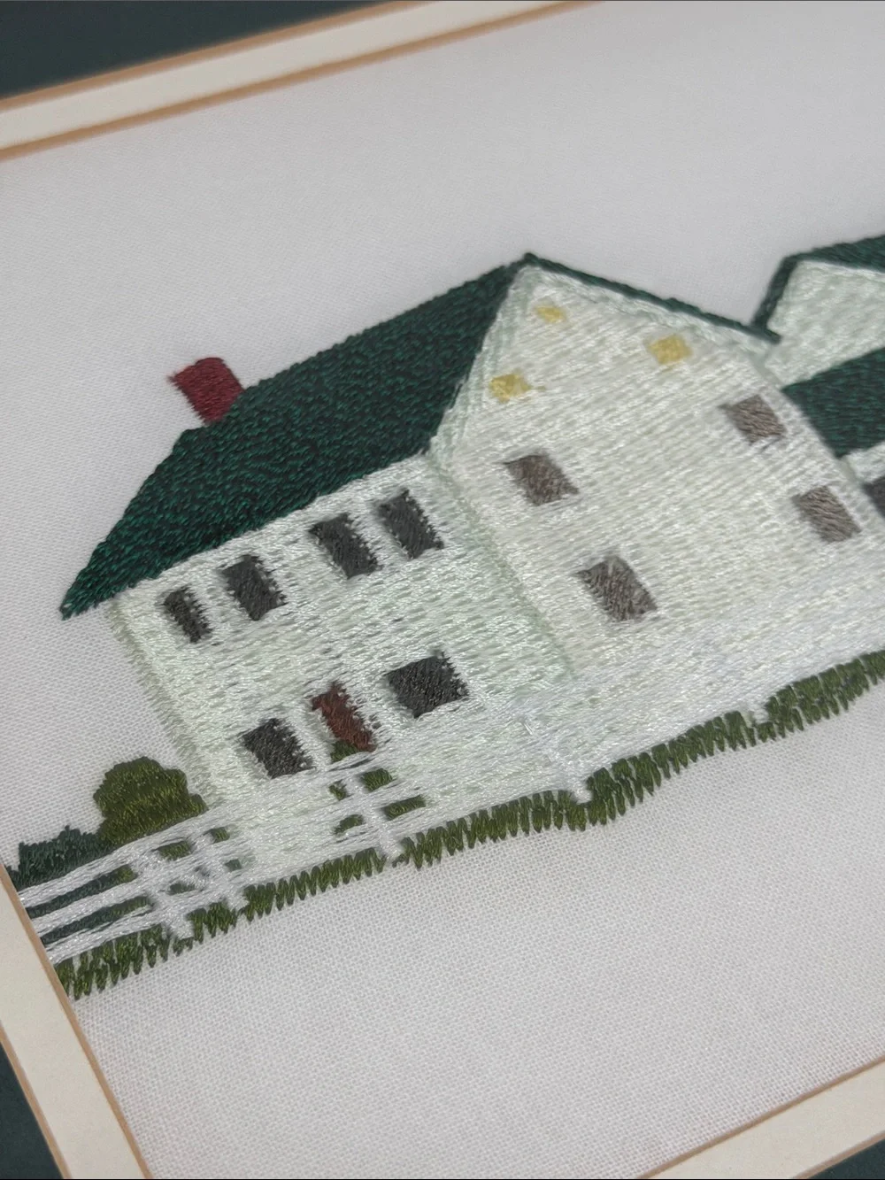 Vtg Needlepoint Embroidered White Farmhouse Crewel Barn wood Frame Wall Hanging